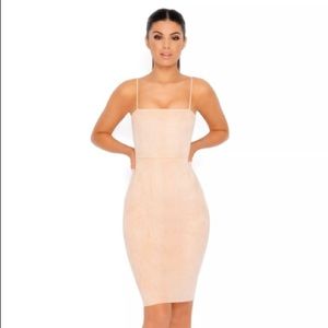 THROWING SUEDE STRAPPY KNEE LENGTH DRESS IN CAMEL